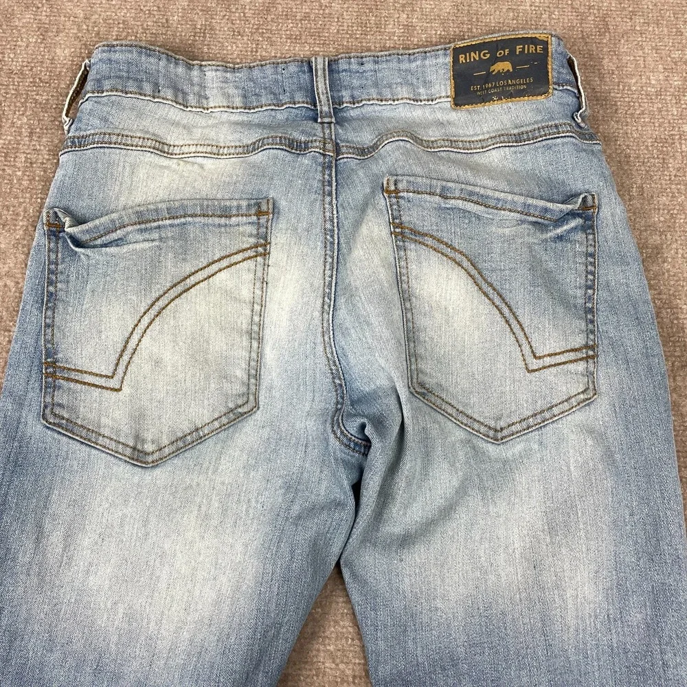 Ring Of Fire Slim Jeans Mens 31x30 Blue Denim Cotton Stretch Distressed Low Rise